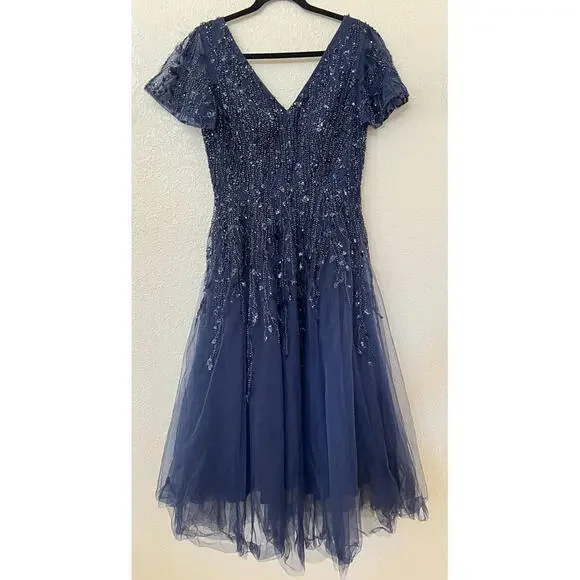 New Mac Duggal EMBELLISHED FLUTTER SLEEVE TEA-LENGTH DRESS In Midnight Sz 6 $598 - Picture 4 of 9